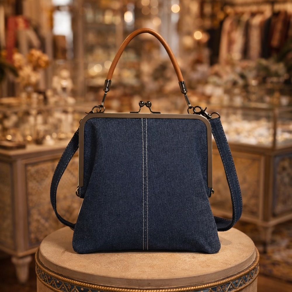 Stylish Denim Crossbody Handbag with Tan Handle